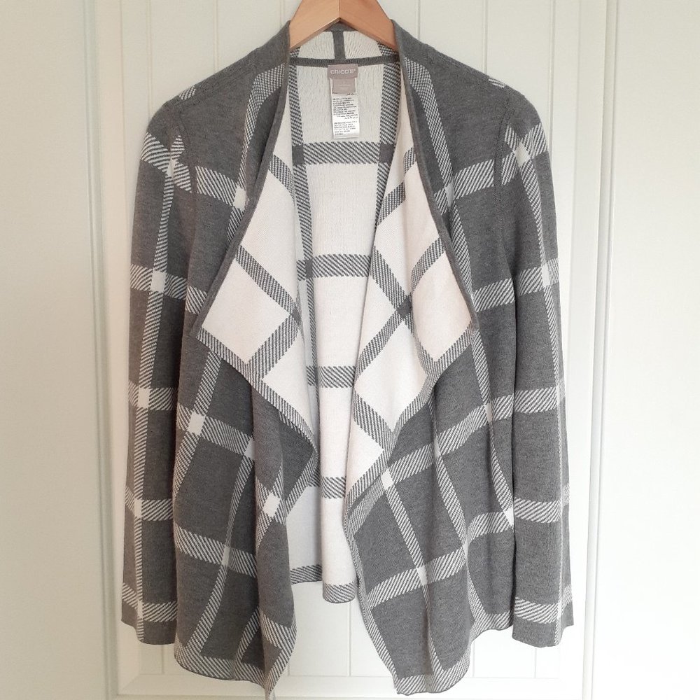Chico's Reversible Windowpane-Print Open-Front Cardigan Gray White Size 1/Size M